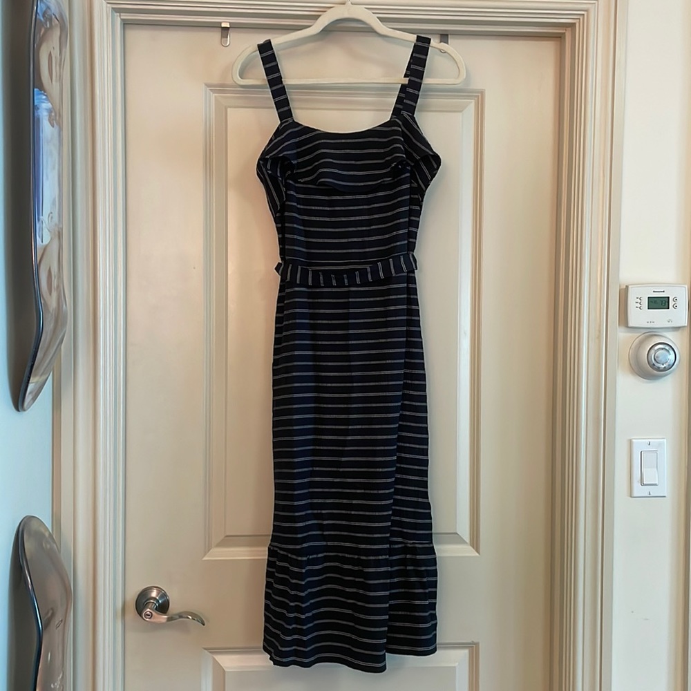 Banana Republic Striped Ruffle Belted Black Summer Midi Dress Size 2